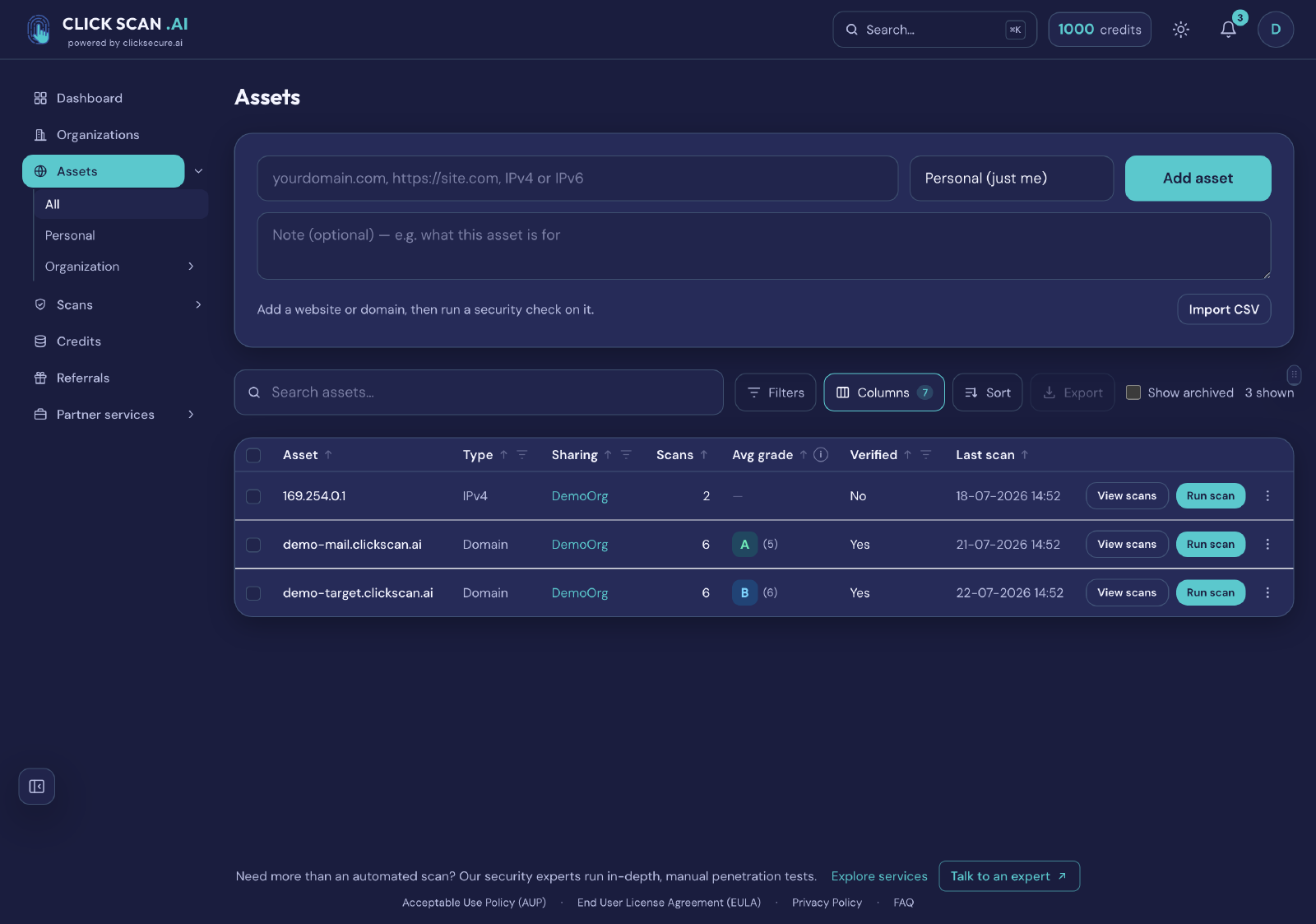 The ClickScan assets list: domains and an IP address with their type, sharing group, scan count, average grade, verification status and last scan date
